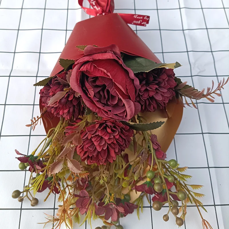 

Artificial Imitation Flower Retro Autumn Rose Peony Bouquet Hand Held Flower Home Decoration Living Room Bedroom Hotel Ornament