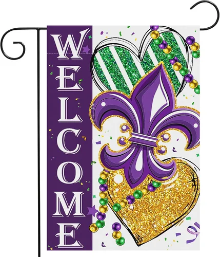 12 X 18 Inches Mardi Gras Welcome Garden Flag - Double Sided Vertical Striped He 7445024451460 YYZ