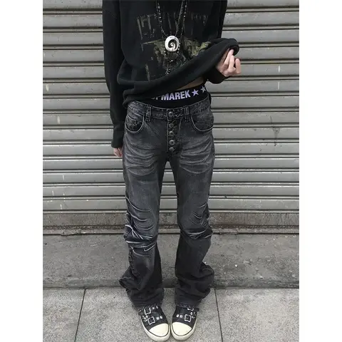 American Y2K Plus Size Washed Stacked Curved Jeans für Damen Street Style Slim Fit Schmeichelhafte schwere drapierte Denim-Hosen Mode