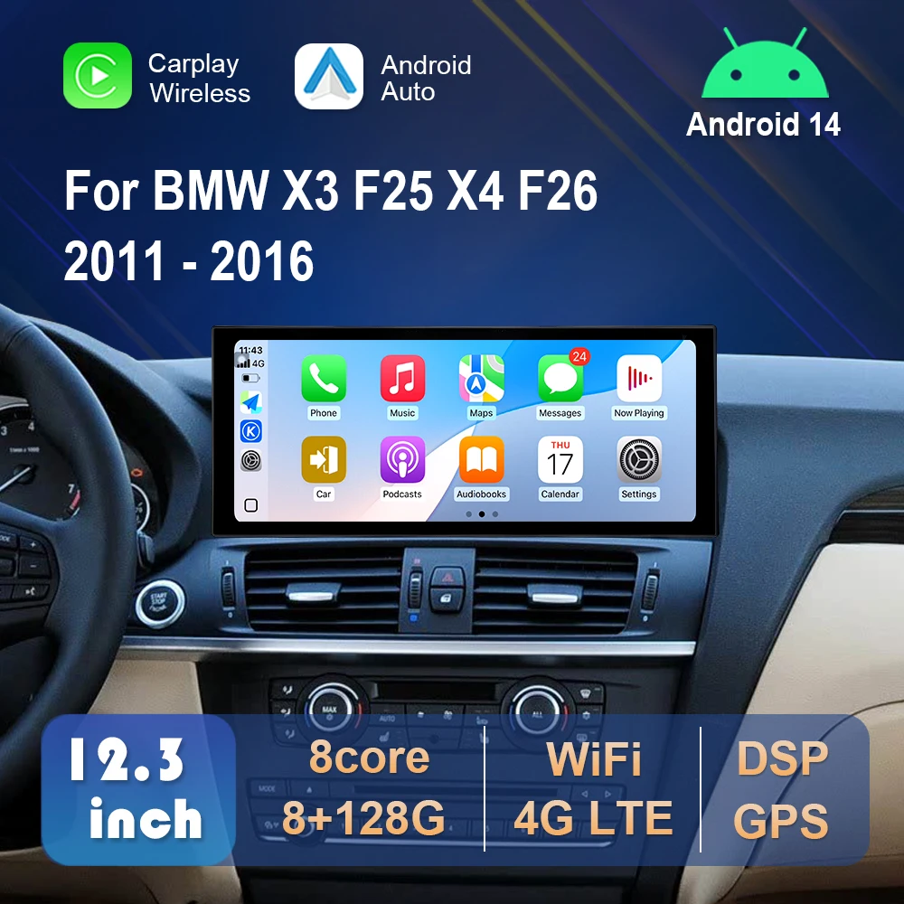Reproductor Multimedia para Auto con Sistema Android 16 para BMW X3 F25 X4 F26 2011-2016, Sistema CIC NBT, Pantalla Táctil, Carplay Inalámbrico, 4G Wifi