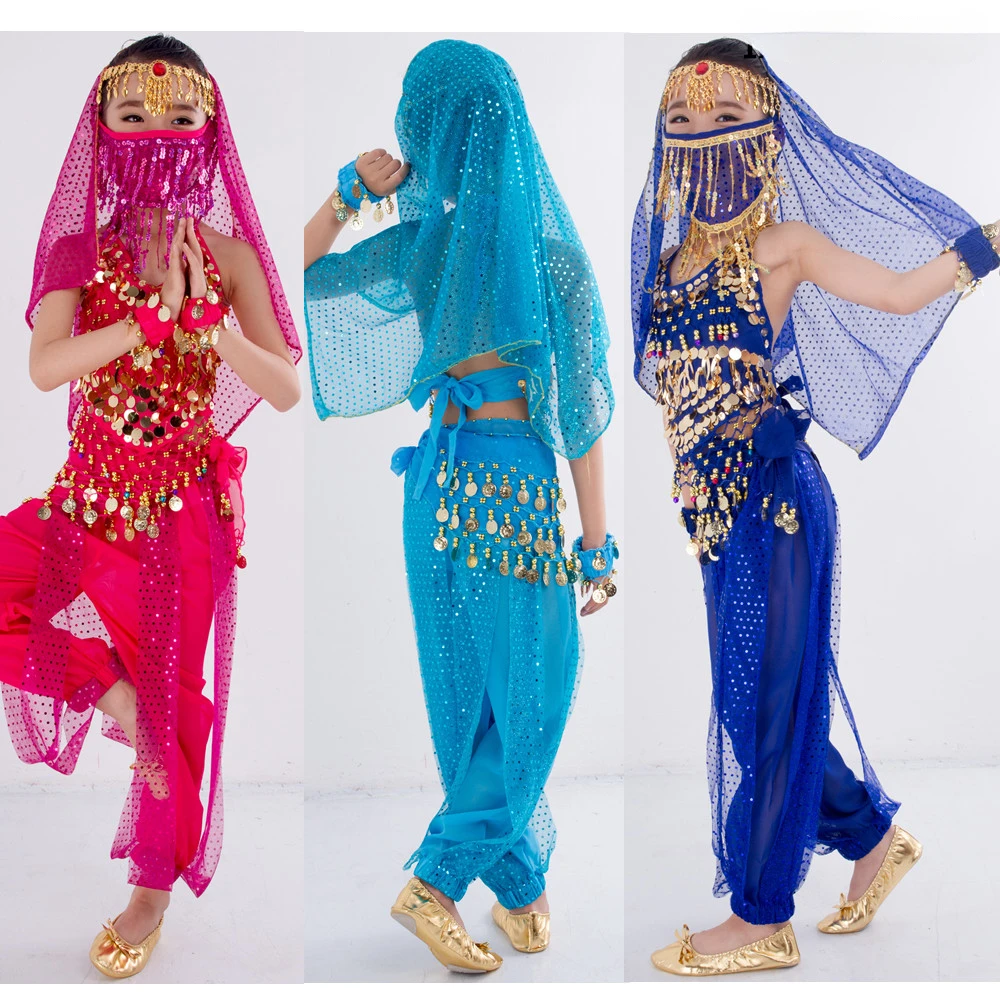 Bambini Bollywood Vestito Ragazze Costume di danza del ventre Set 2-8 Pezzi Danzatrice del ventre Cintura Pantaloni Velo Accessori per Ali Maschera per bambini