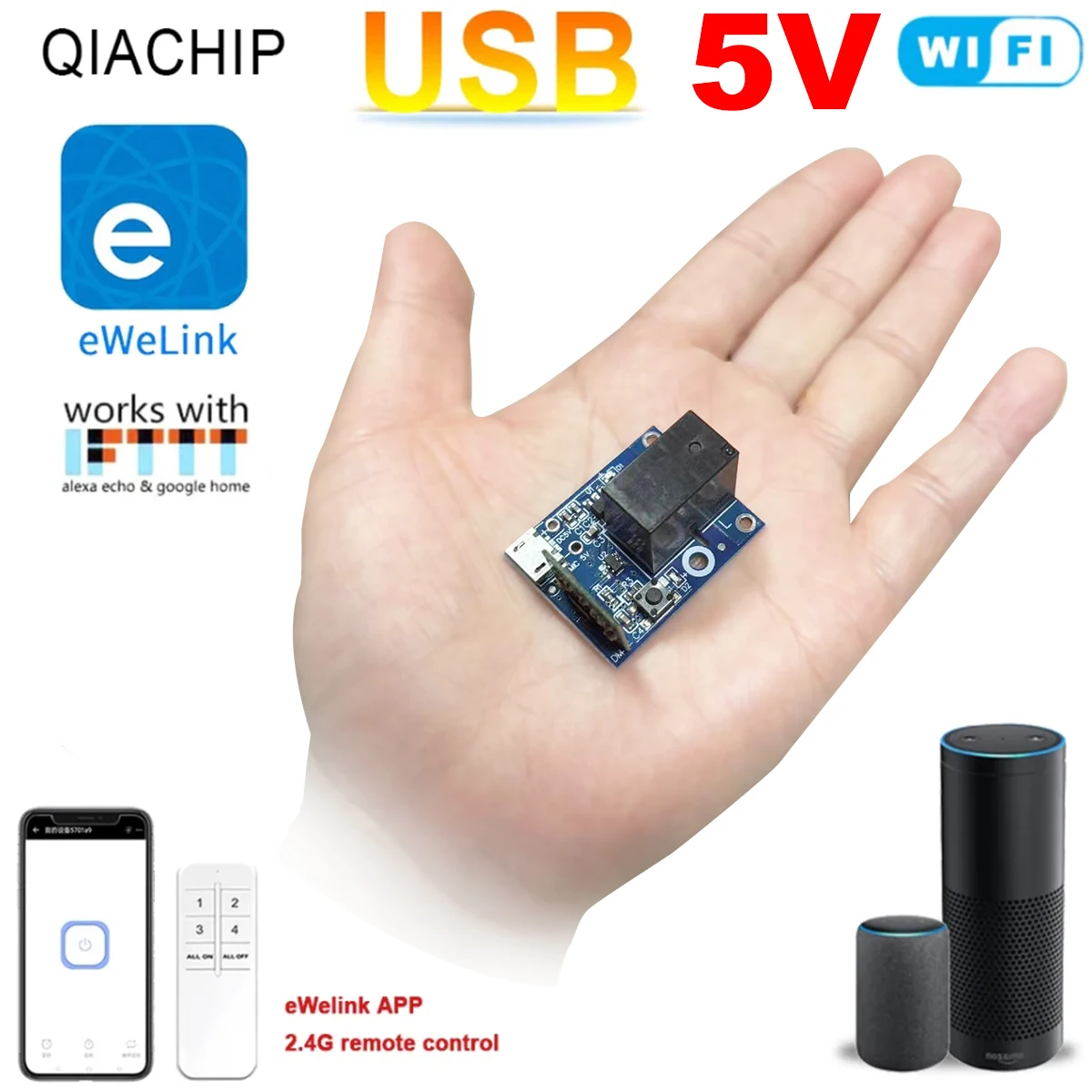 Mini WiFi Interruptor Inteligente, DC 5V, Controle USB, 2.4G, 1 Canal, Módulo Receptor de Relé Sem Fio, EWelink App, Interruptor de Luzes LED