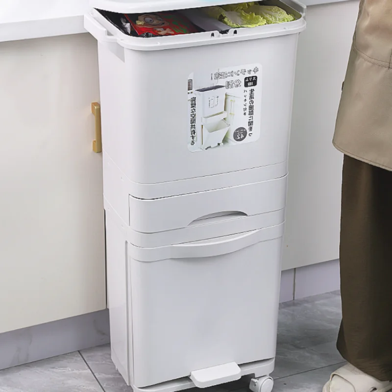 2 Layers Classification Trash Can Kitchen Plastic Dustbin Wet and Dry Push Button Recycle Bin Stacked Sorting Rubbish