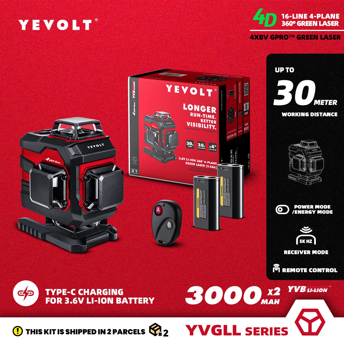 YEVOLT YVGLL4XS16DP 그린 레이저 레벨, 4 평면 16 라인 셀프 레벨링, 4D 수평 및 수직, 2x3.6V, 3Ah 전력 측정 도구 