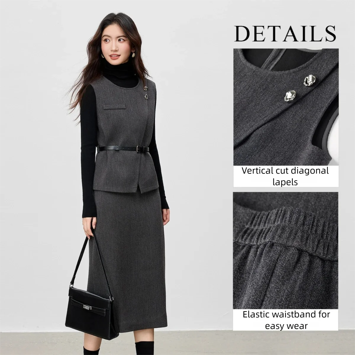 SNETUBILA Women's Elegant Dress Set Wool Blend Wrap Vest with Belt Slit Straight Skirt Daily Commuter Two Piece Outfit 154ZA3653
