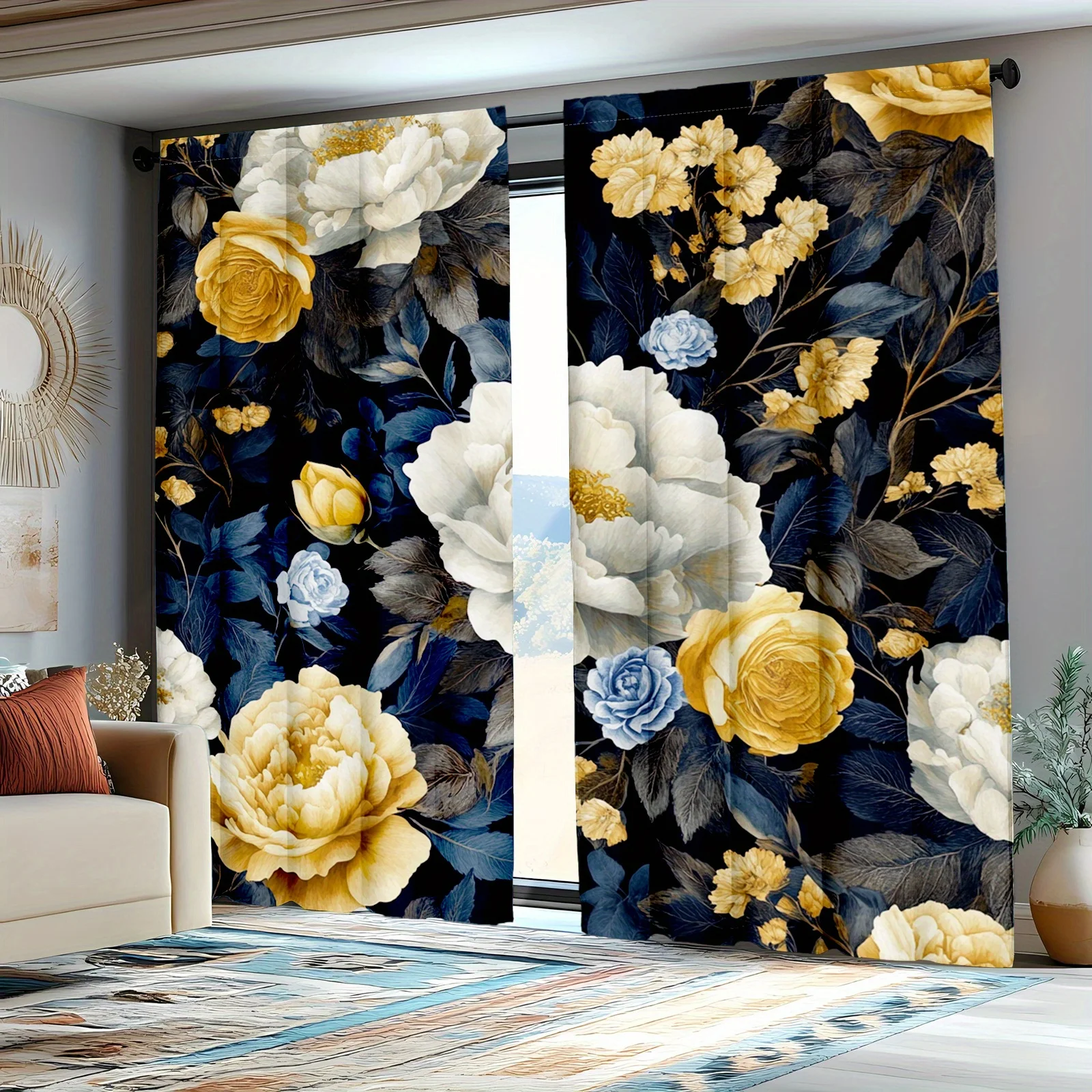 2pcs  Decorative CurtainsGothic Peony Rose Floral Curtains in Black Gold for Living Room and Bedroom