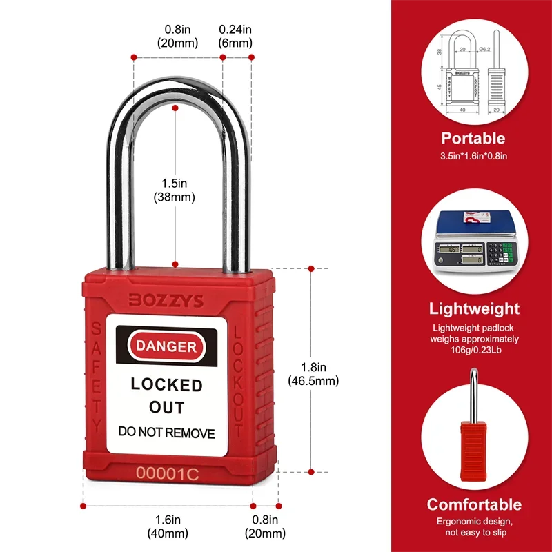 BOZZYS Lockout Tagout Locks  OSHA Red Loto Locks Keyed Different 2 Keys/Lock for Industrial Machinery & Electrical Panels Chrome