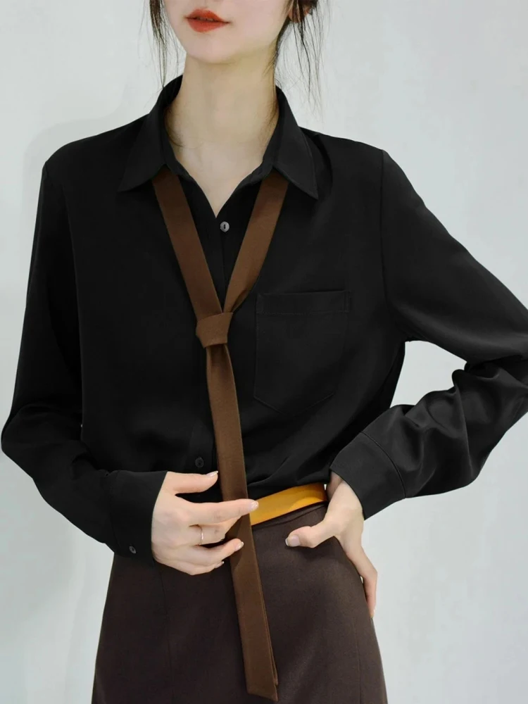 

2025 New Korea Style Women's Black Blouse with Brown Tie Neck Design Long Sleeve Shirt Elegant Office Workwear for Autumn Winter