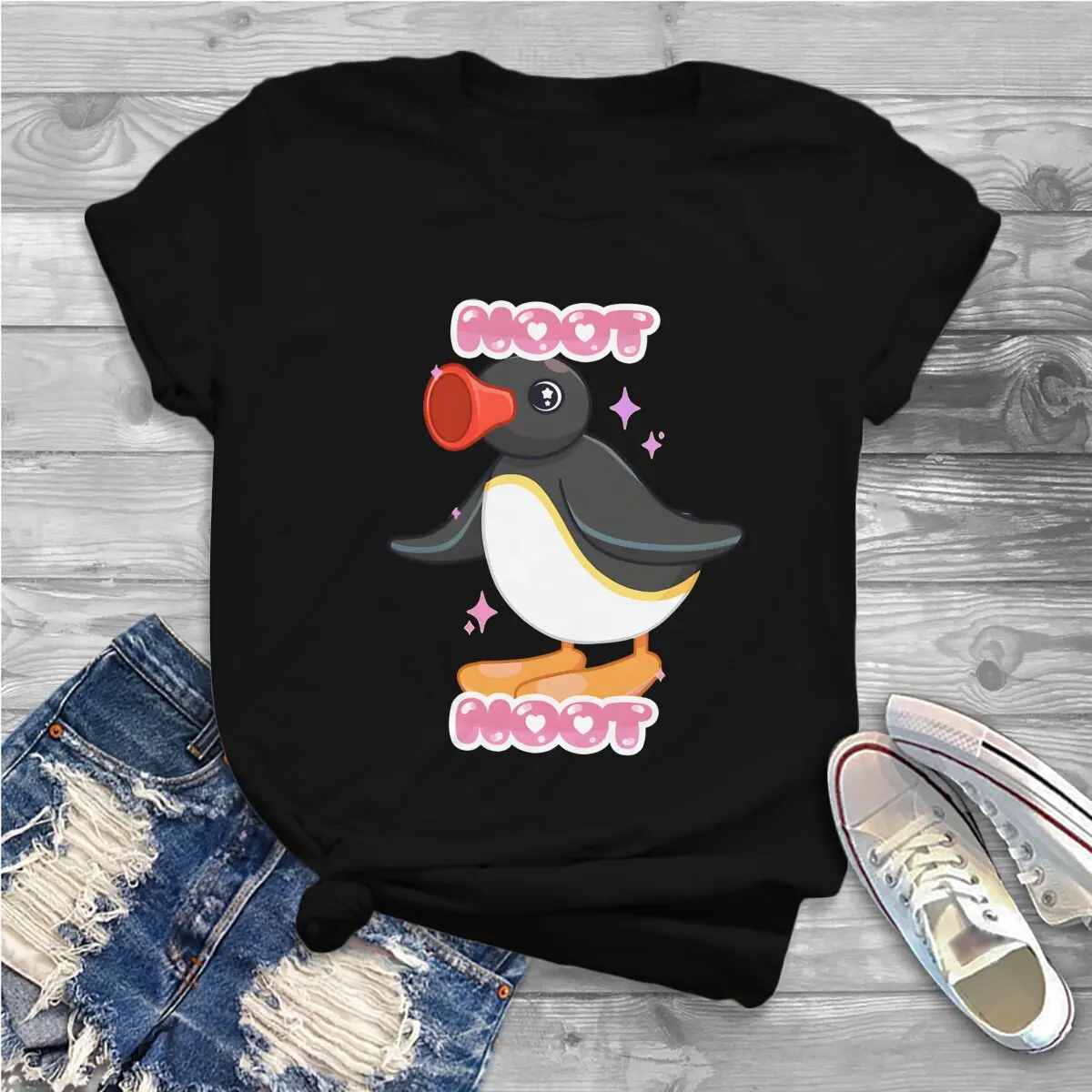 Kawaii Ronde Kraag Polyester Tshirt Pingu Classic T-Shirt Vrouwen Kleding