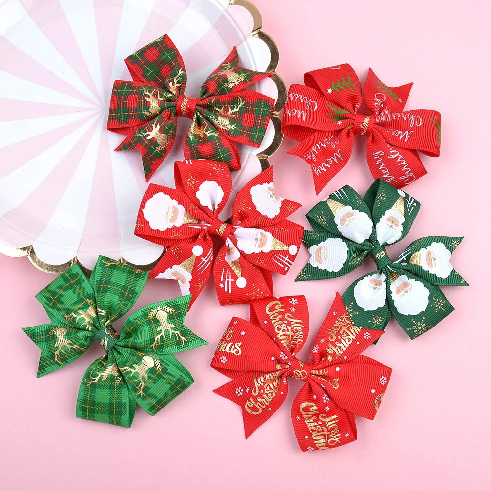 

4pcs/set 2025 Christmas Hair Clips 3.15'' Santa Snowflake Ribbon Bows for Baby Girls Holiday Gift Headwear Hair Accessories
