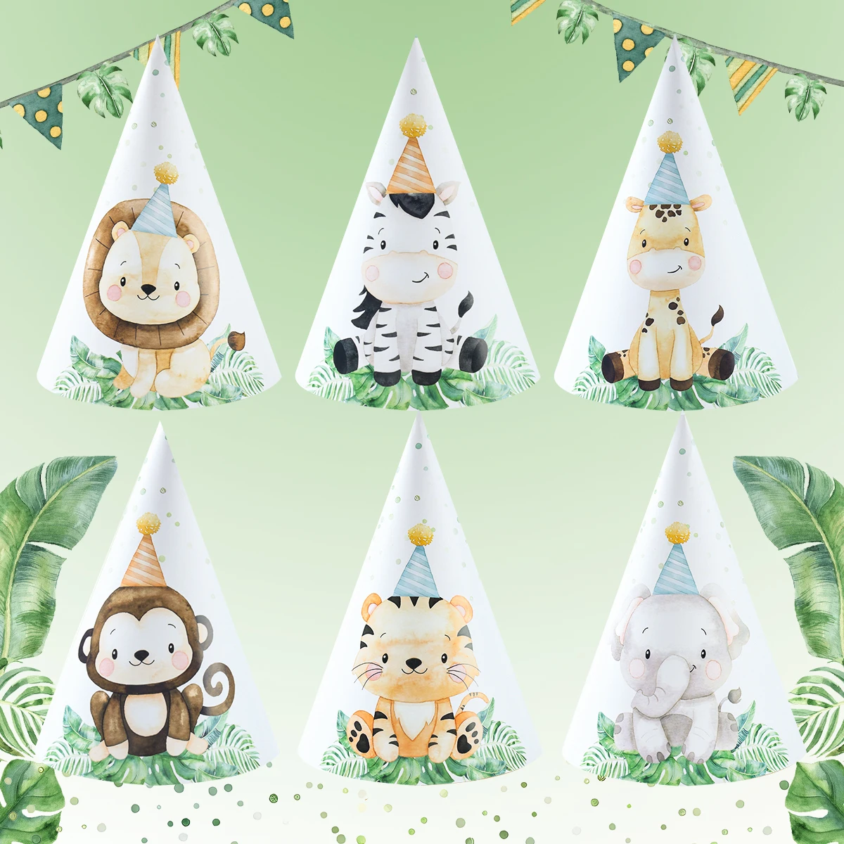 6pcs Cartoon Animal Paper Caps Hats For Kids Jungle Safari Animal Birthday Party Decorations 1st Birthday Baby Shower Supplies