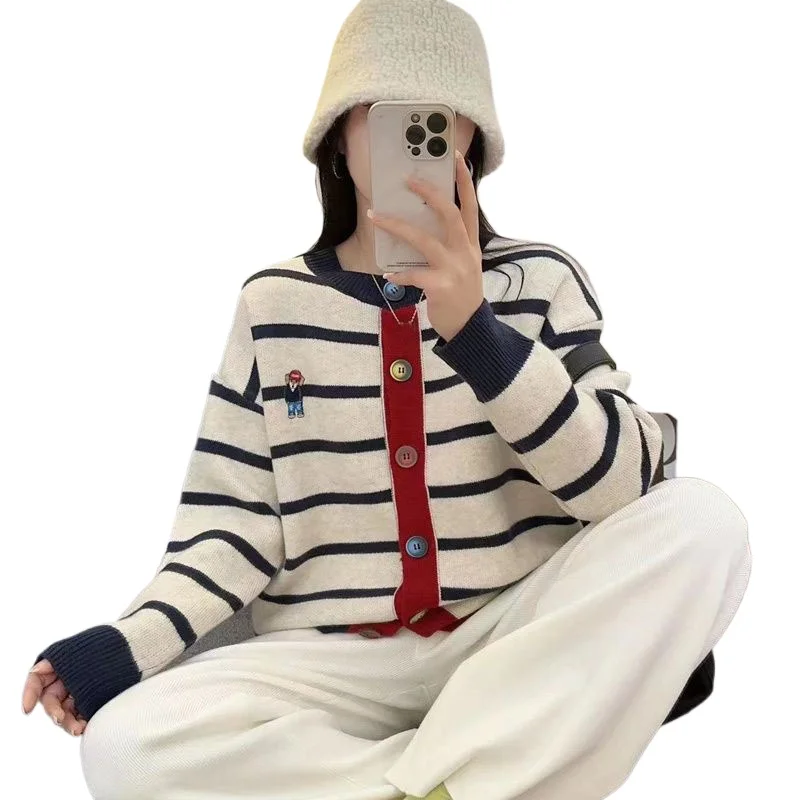 Spring and Autumn New Striped Sweater College Casual Knitted Cardigan Coat Versatile Female