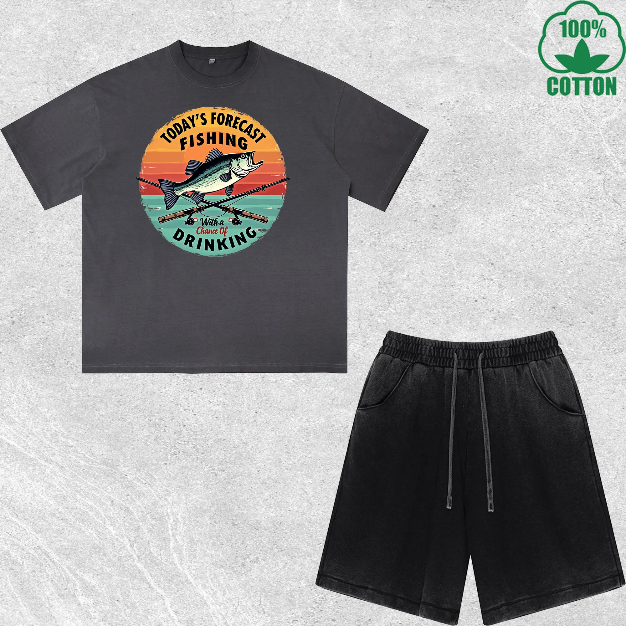 

Fishing Drinking Printed Dirty Wash T-Shirt Shorts Set Multicolor Combo Loose Trendy Fashionable 100%Cotton
