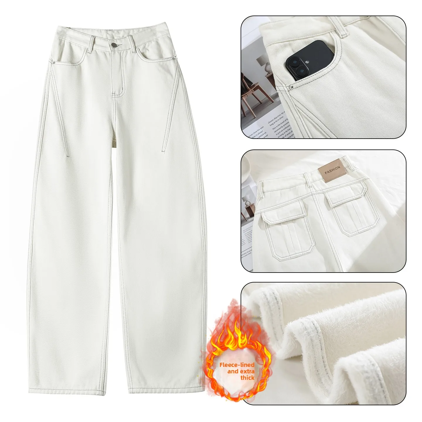 Y2K جينز نسائي أساسي عالي الخصر مع صوف واسع الساق سميك ودافئ سروال دينم نسائي غير رسمي أوف وايت منحني سكين