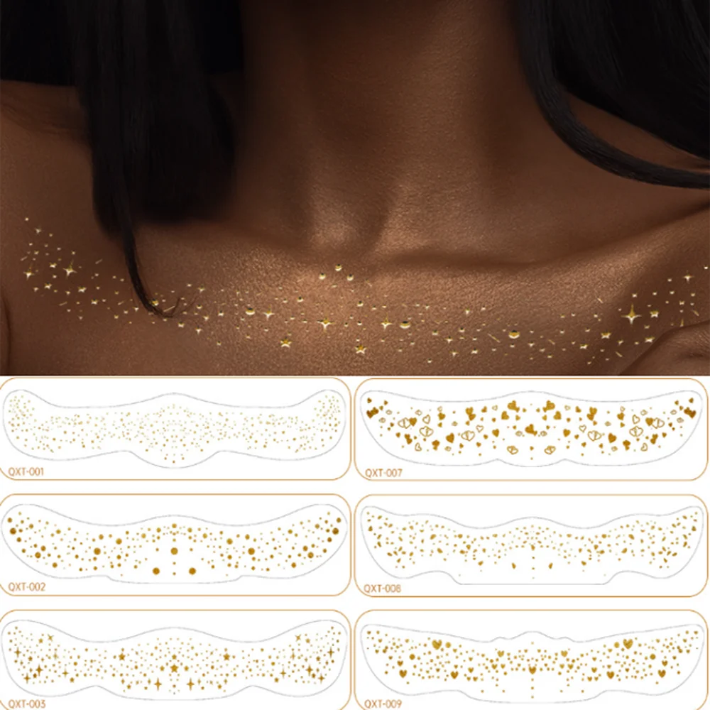 

6PCS Sexy Gold Collarbone Sticker Waterproof Flash Chest Transfer Tattoo Decals DIY Festival Party Body Art Makeup Decorations
