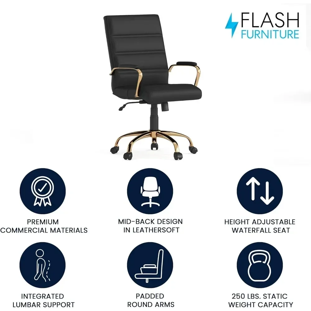 كرسي مكتب ويتني متوسط الظهر - كرسي مكتب دوار تنفيذي من الجلد باللون الأسود مع إطار ذهبي - كرسي بذراع دوار، 24Dx23Wx40.75H #4