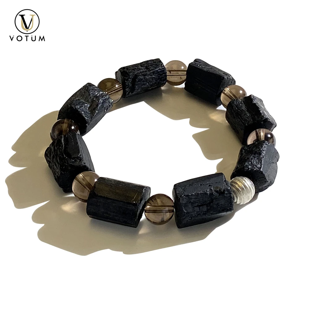 

Браслет Votum из натурального дымчатого кварца и черного турмалина для мужчин, с бусинами из серебра, украшенный кристаллами и драгоценными камнями, на заказ