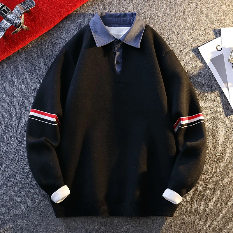 GIOIOMen's Sweater，Autumn and Winter New High Quality Stitching Lapel False Two-Piece Suit Anti-Pilling Knitted Pullover