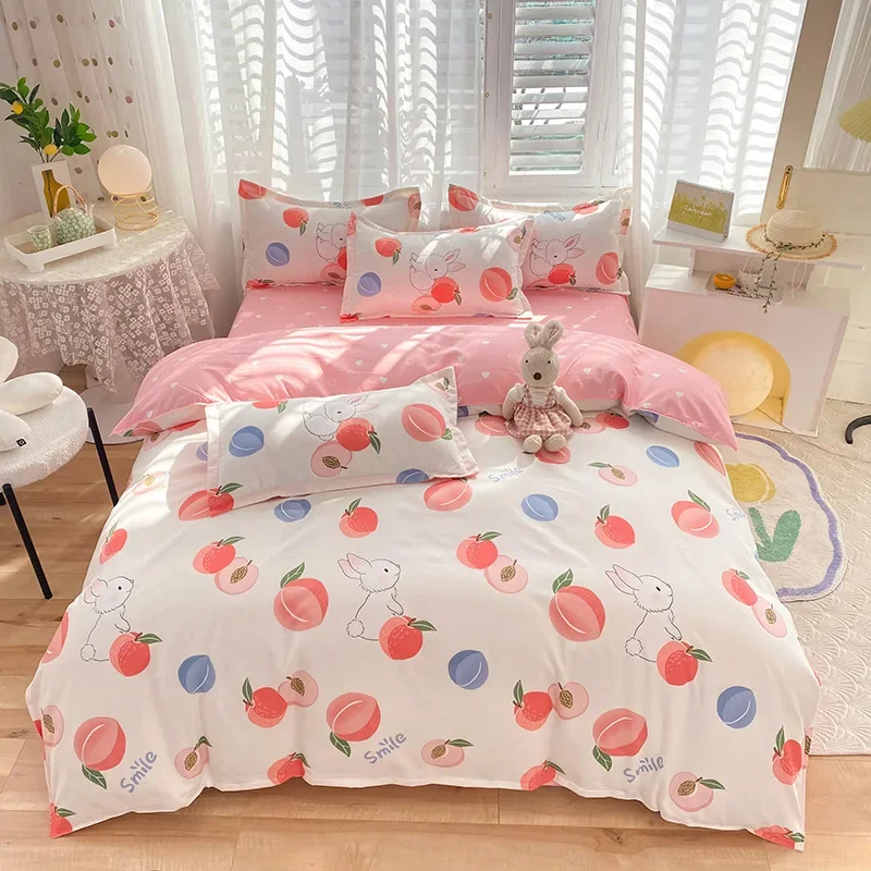 

Authentic small fresh four-piece set thickened pure brushed quilt cover three-piece set washed cotton bed sheets