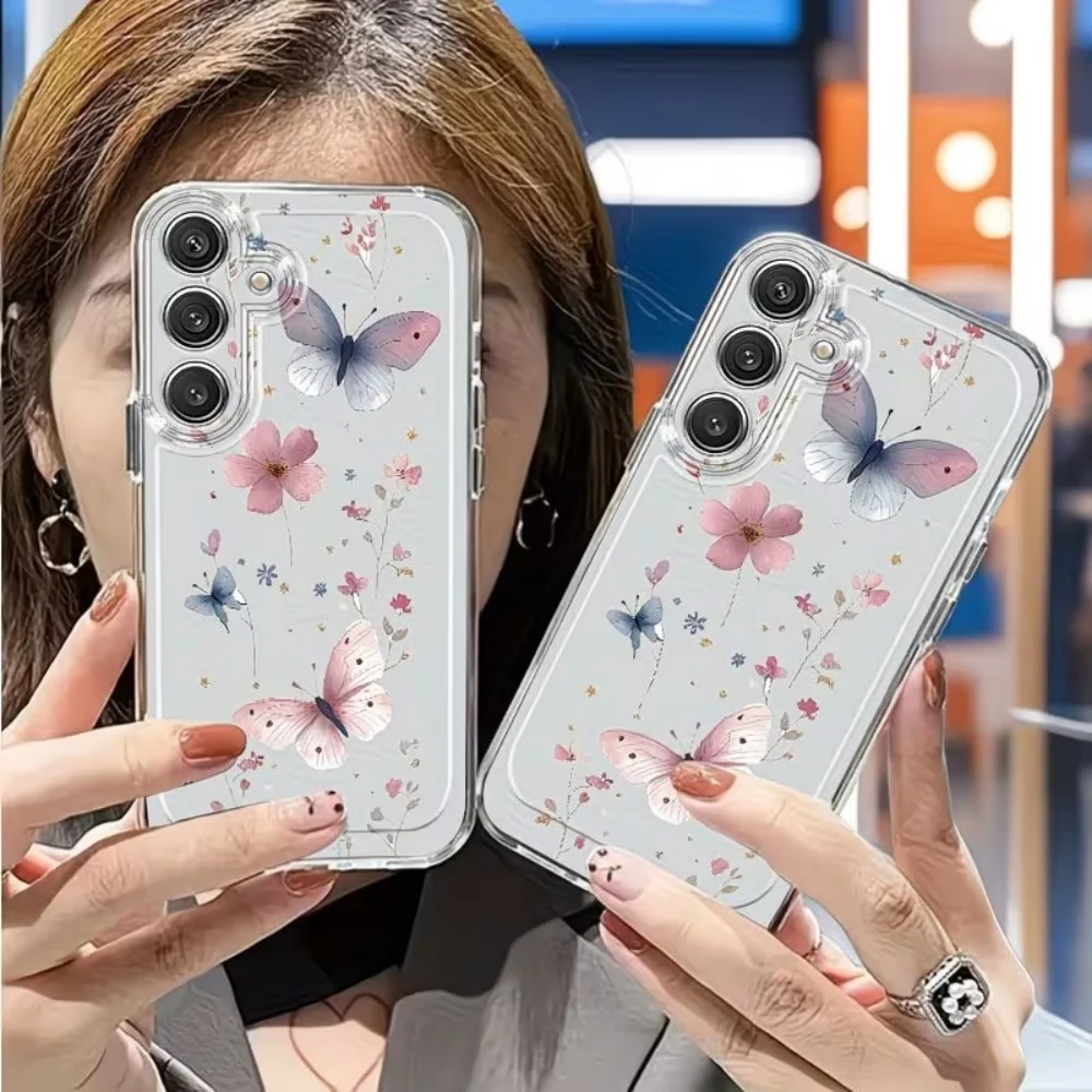 Butterfly Flower Print Clear Phone Case For Samsung Galaxy S26 S25 S24 S23 S22 S21 S20 Ultra Plus FE 5G Soft TPU Anti-drop Cover