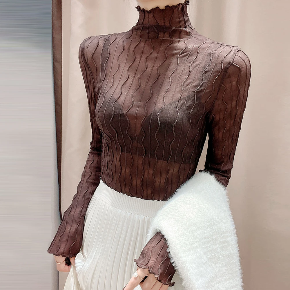 

Wavy Edge Shirts Ruched Long Sleeve Elegant White T Shirt Tops Women S-XL Black Coffee Cropped Basic Skinny Streetwear Clothes