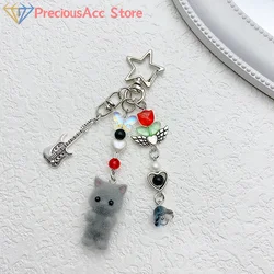 Sweet Flocking Cat Phone Chain Y2k Furry Kitten Key Chain Earphone Case Hanging Rope Anti-Lost Lanyard Bag Decor