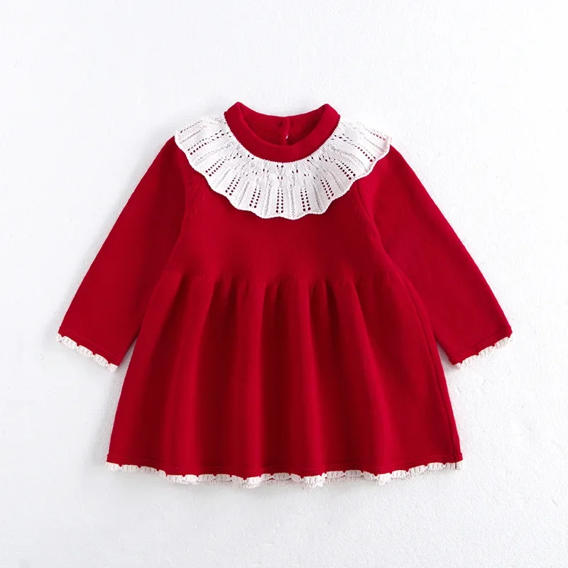 

Autumn Newborn Baby Girls Dress Lace Patched Long Sleeve Toddler Kids Girls Dress One Full Year Girls Ruched Red Princess Dress