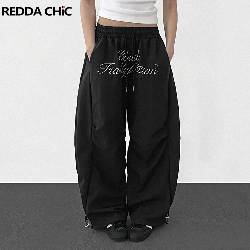 

REDDACHiC Black Lettering Women's Joggers Jazz Running Quick Dry Lightweight Loose Baggy Parachute Pants Lounge Everyday Wear