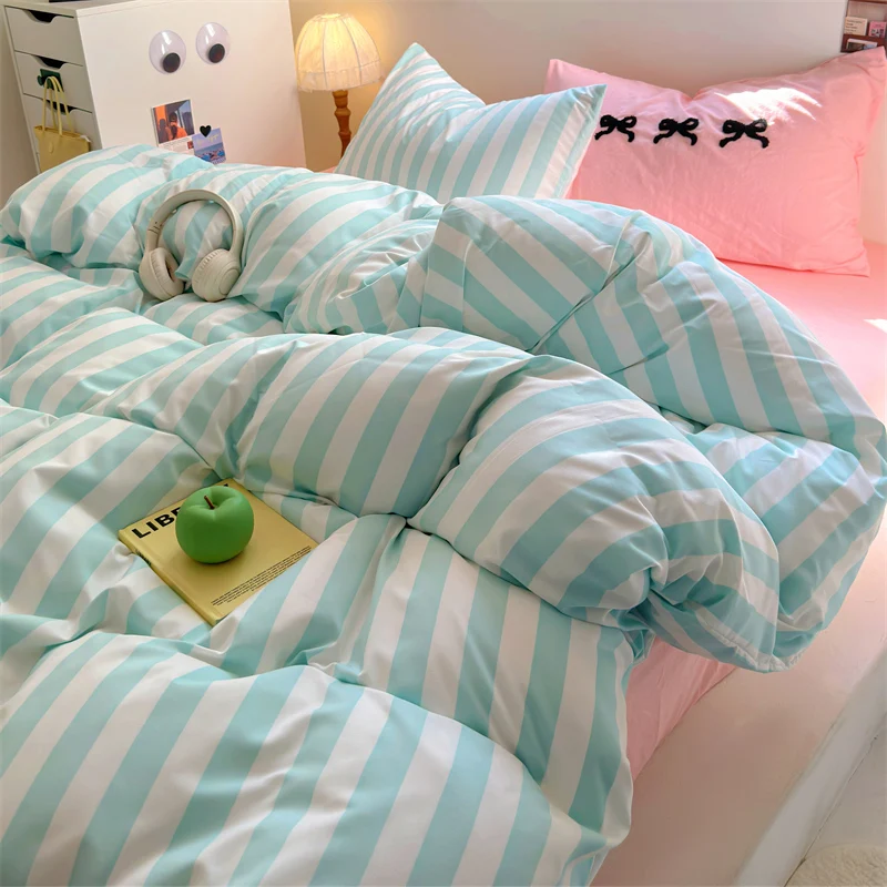 Ins Stripe Bedding Set with Pillowcase bed sheet Single Full Size Bed Linen Duvet Cover Set Queen/King Double Comforter Cover