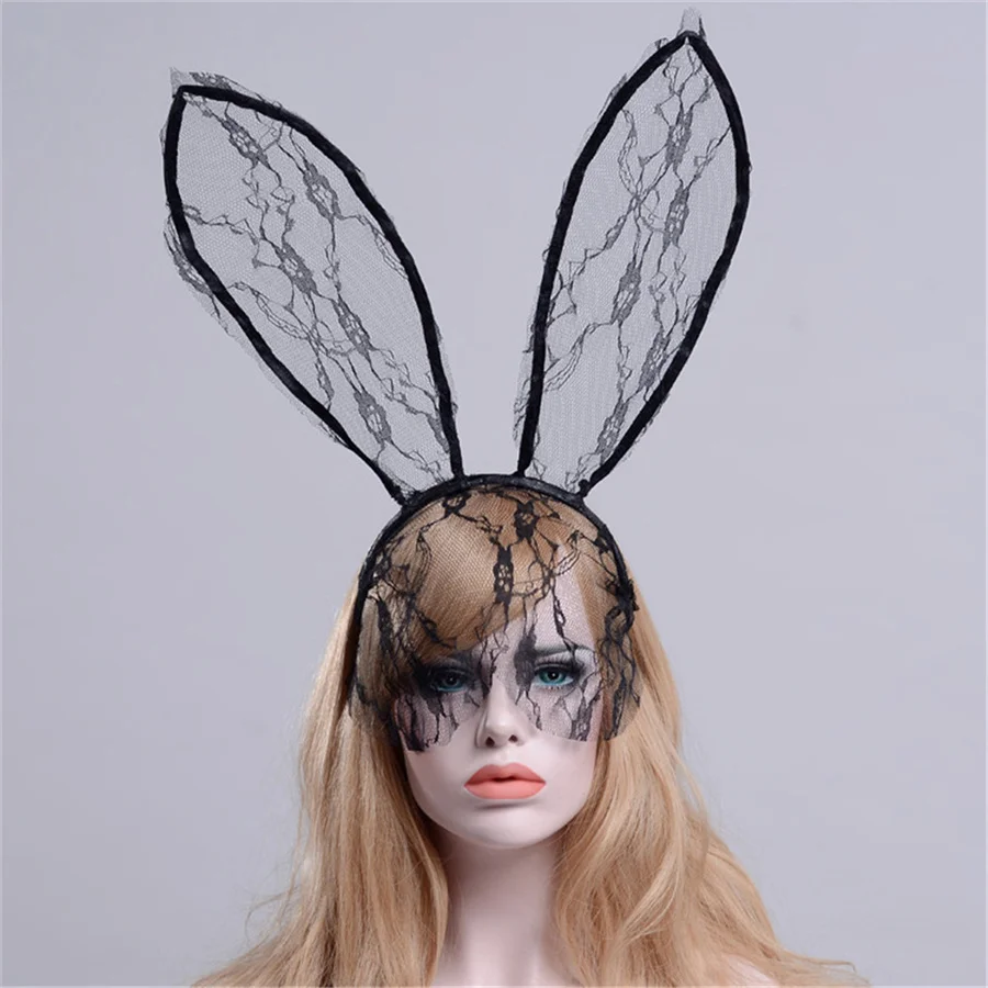 

Gothic Lace Rabbit Bunny Ears Veil Eye Mask Halloween Party Headwear Hair Accessories For Women Sexy Bunny Girl Cosplay Mask