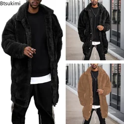 New2026 Men's  Winter Clothes Warm Mid-length Jacket Casual Streetwear Solid Loose Lapel Long Sleeve Premium Plush Coats for Men