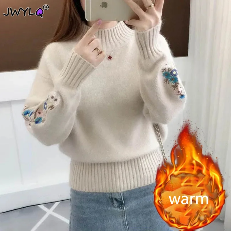 Fashion Khaki Knitted Sweater Women Floral Embroidery Thick Pullovers Female Long Sleeve Half Turtleneck Ladies Sweater Knit Top