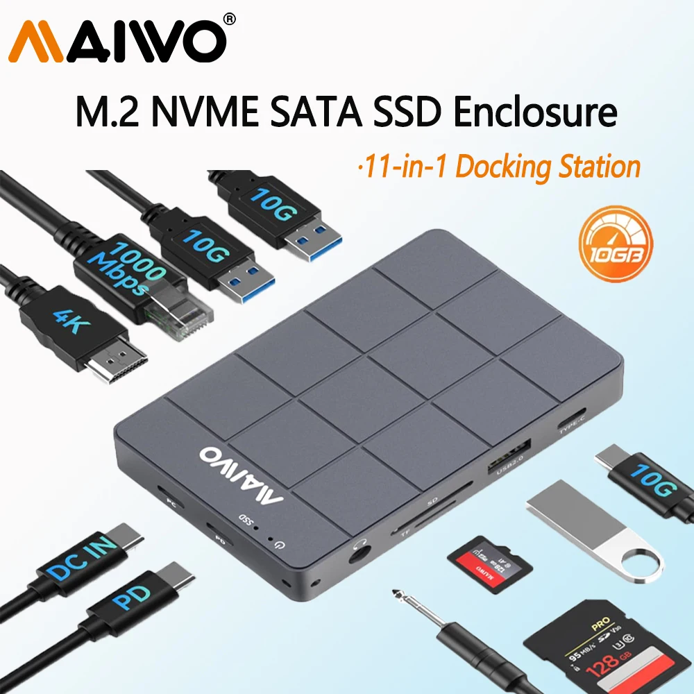 

MAIWO 11-in-1 M.2 NVME SATA SSD Case 10Gbps USB-C Docking Station HDMI PD 100W 1000Mbps Ethernet SD/TF Card Reader USB C Hub