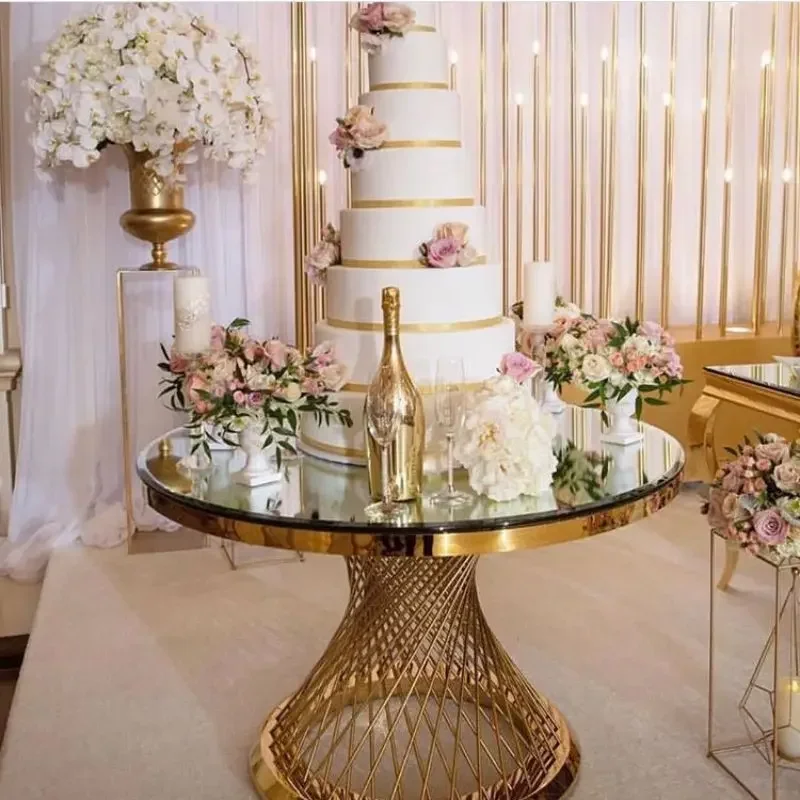 

Stainless steel frame glass countertop wedding banquet circular dining table wedding table