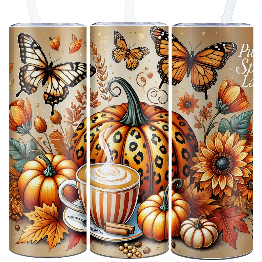 20oz Stainless Steel Coffee Tumblers Straw Lid 1Pc Skinny Straight Mugs 3D Print Fall Pumpkin  Flower Thanksgiving Festive Cups