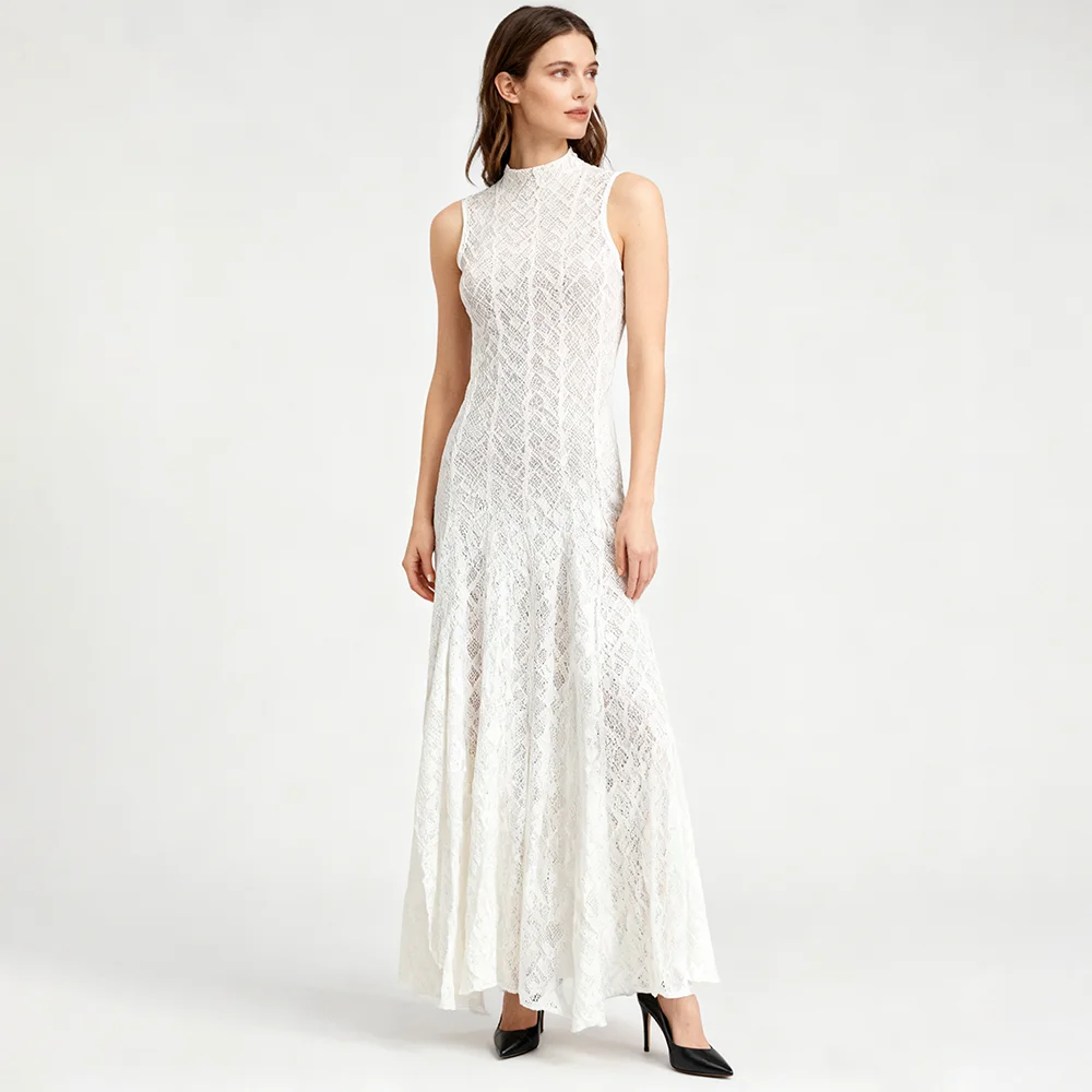 Sólido emendado apliques vestidos soltos para mulheres o pescoço sem mangas cintura alta temperamento vestido feminino moda nova