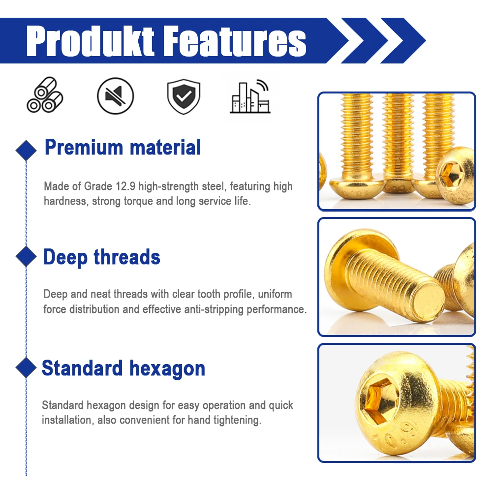 

10Pcs (Grade 12.9) M2 M2.5 M3 M4 M5 stainless steel Round button head with Titanium Golden colour Hex Socket Screw