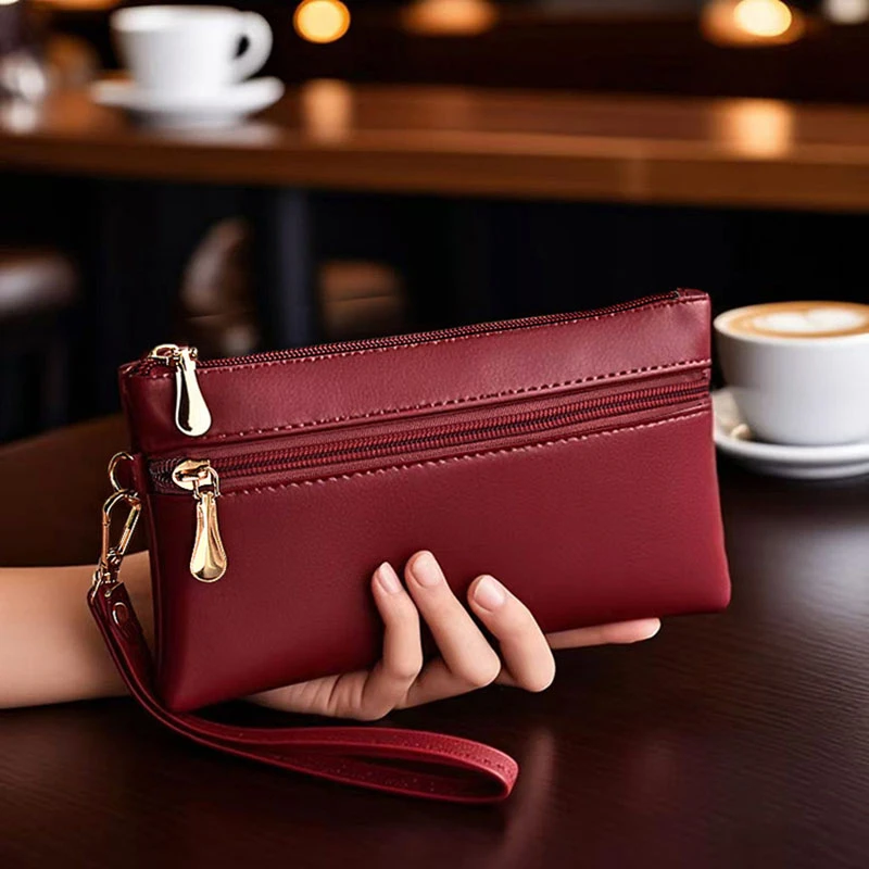 PU Leather Women's Long Wallet Large Capacity Multifunctional Zipper Clutch Purse Soft Wrist Strap Coin Purse Billfold Handbag