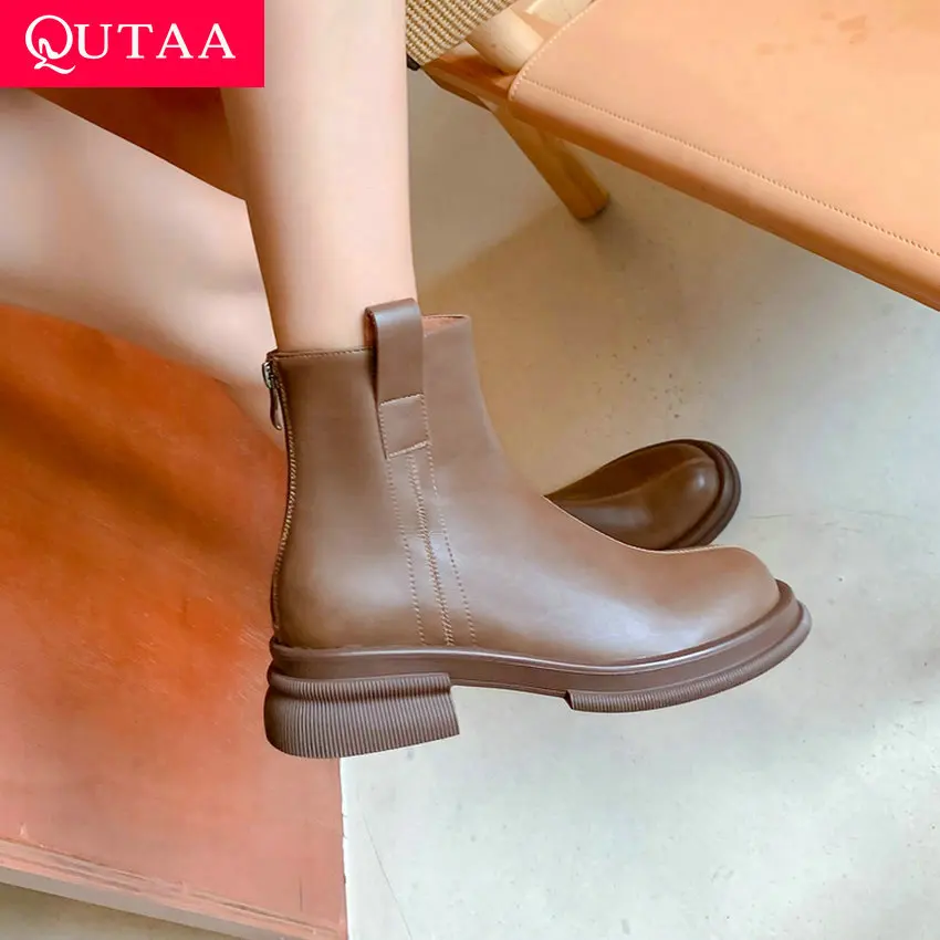 QUTAA 2024 Leisure Women Ankle Boots Round Toe Thick Heels Zipper Genuine Leather Shoes Woman Autumn Winter Casual Size 34-39