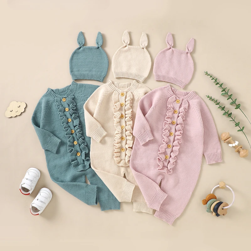 Set Spring Solid Long Sleeve Knitted Newborn Infant Boys Girls Jumpsuits Outfits 0-18m Playsuit Autumn Baby Rompers Hats Clothes