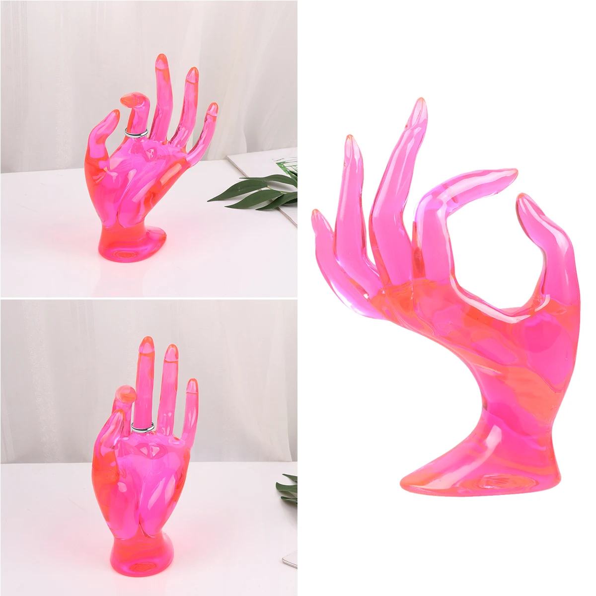 رف عارضة أزياء يدوية بتصميم فريد من نوعه، حامل عرض حلقي، لون مشرق، سطح أملس، منظم مجوهرات محمول، وردي