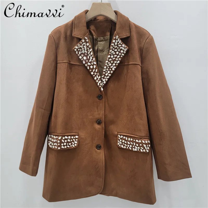 

Heavy Rhinestone Suede Blazer Women Autumn Clothes New Fashion Brown High-end Long Sleeve Streetwear Coffee Color Jacket Top
