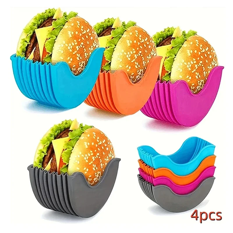 4pcs Retractable Hamburger Holders Hamburger Fixed Box Sandwich Burger Clip Rack Washable Silicone French Fry Hamburger Sauce