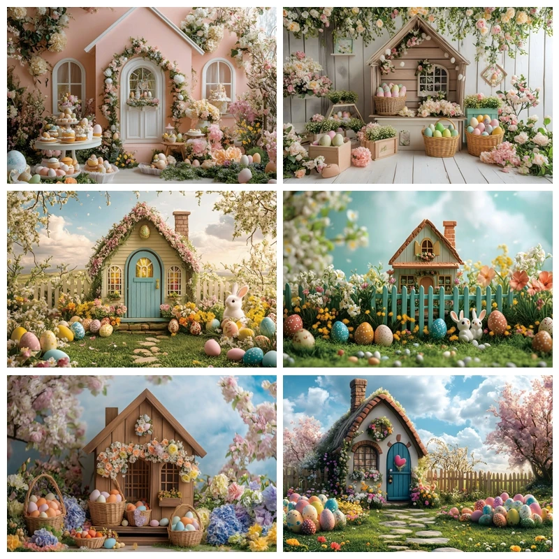 

Happy Easter Photography Background Spring Flowers Blue Cottage Eggs Kids Birthday Party Portrait Decor Backdrop Photo Props