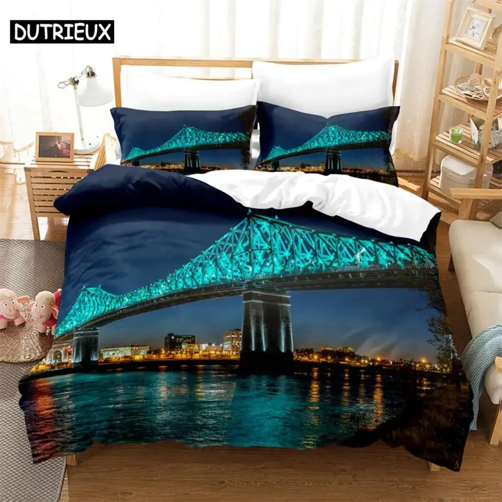 3PCS Bridge at night Bedding Sets Home Bedclothes Super King Cover Pillowcase Comforter Textiles Bedding Set
