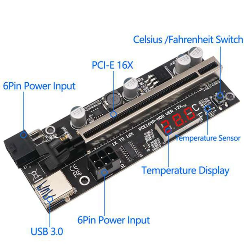 Paquete de 6 tarjetas elevadoras PCIE Riser 1X a 16X, extensión gráfica con Sensor de temperatura para Bitcoin GPU Mining Riser adaptador