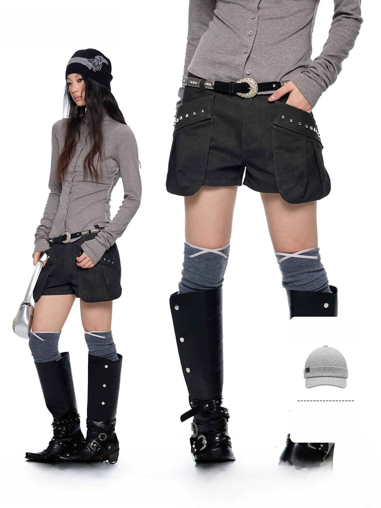 

EZEK Women's A-Line Short Pants Spring Summer New Vintage Casual Slimming Hot Pants Pleated Pocket Rivet Casual Pants