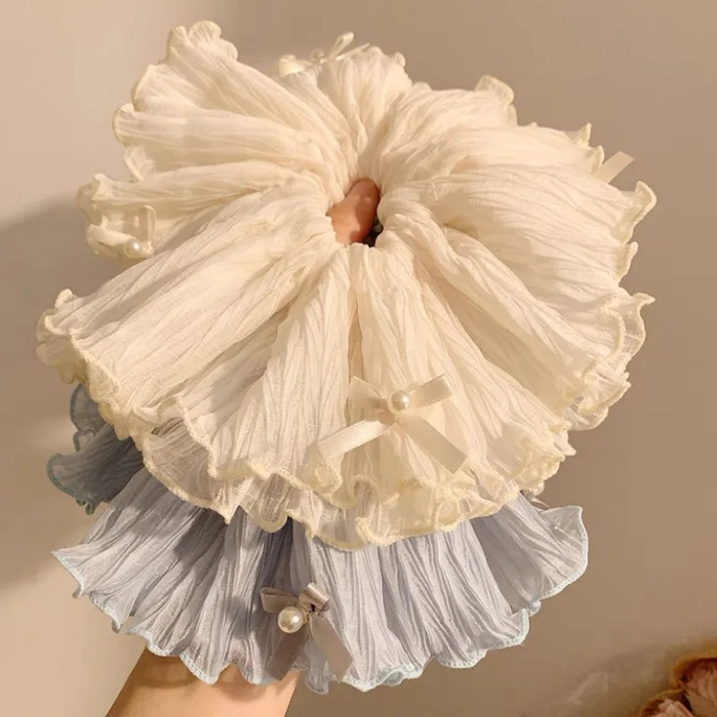 

Большие резинки для волос с бантом и жемчугом, двухслойные эластичные ленты для волос с рюшами для женщин, держатель для хвоста в корейском стиле, подарок