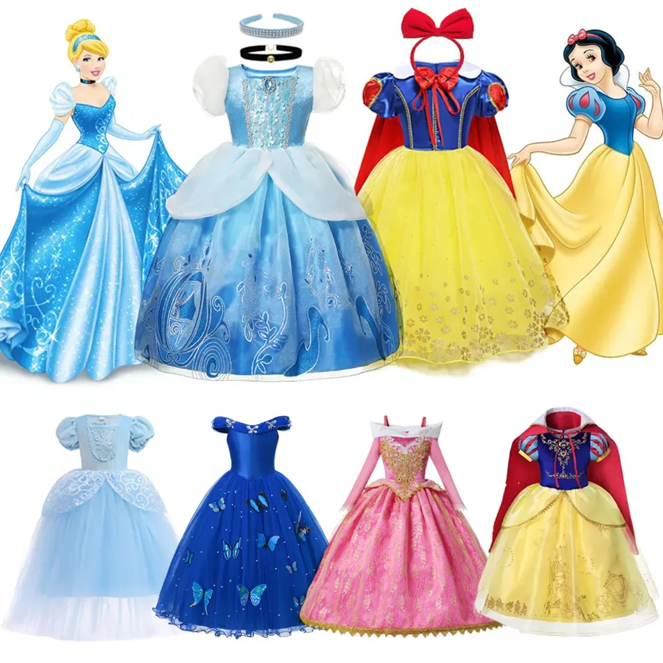 Disney Princess Dress Suit Charm for Girls Cosplay Cinderella Belle Aurora Snow White Mesh Ball Gown Carnival Birthday Costume