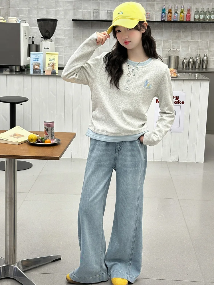 

Spring Faion Long Sve Sweater And Jeans Set for Girls Fake Two-Piece Outfit New 2026 Sle Middle School Girls Clothing